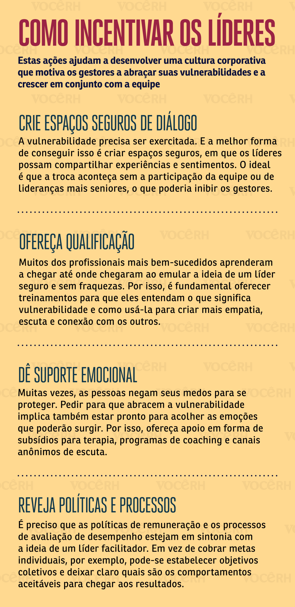 Infográfico mostra que as melhores formas para incentivar os líderes são criar espaços seguros de diálogo, oferecer qualificação, dar suporte emocional e rever políticas e processos