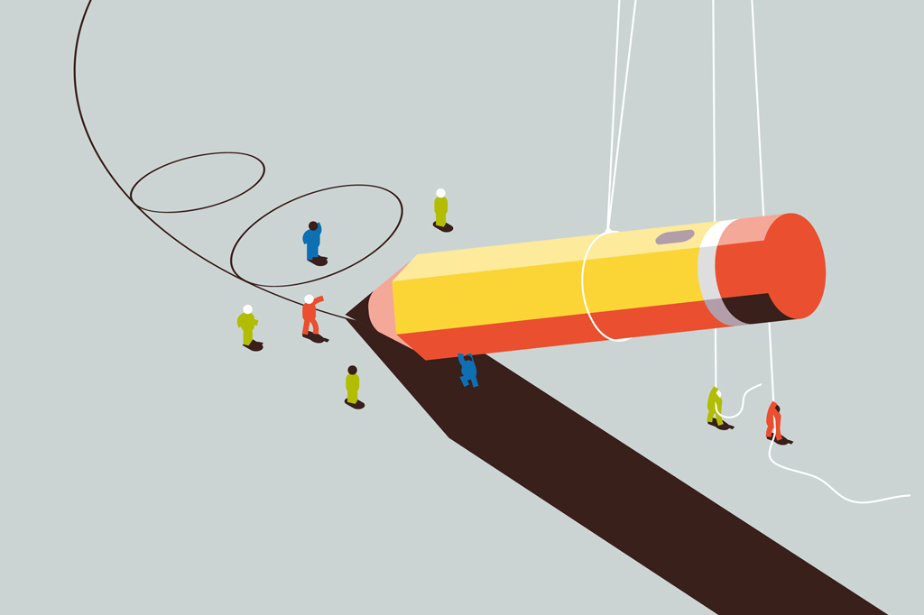 Imagem, em fundo cinza, de pessoas minúsculas escrevendo usando um lápis.